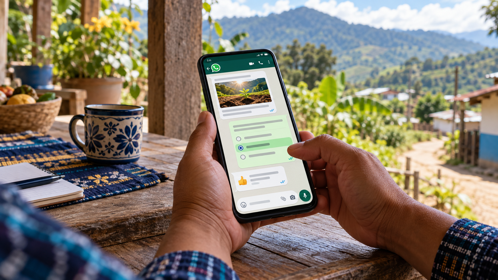 Manos usando WhatsApp en un teléfono para responder una actividad de aprendizaje en un entorno rural