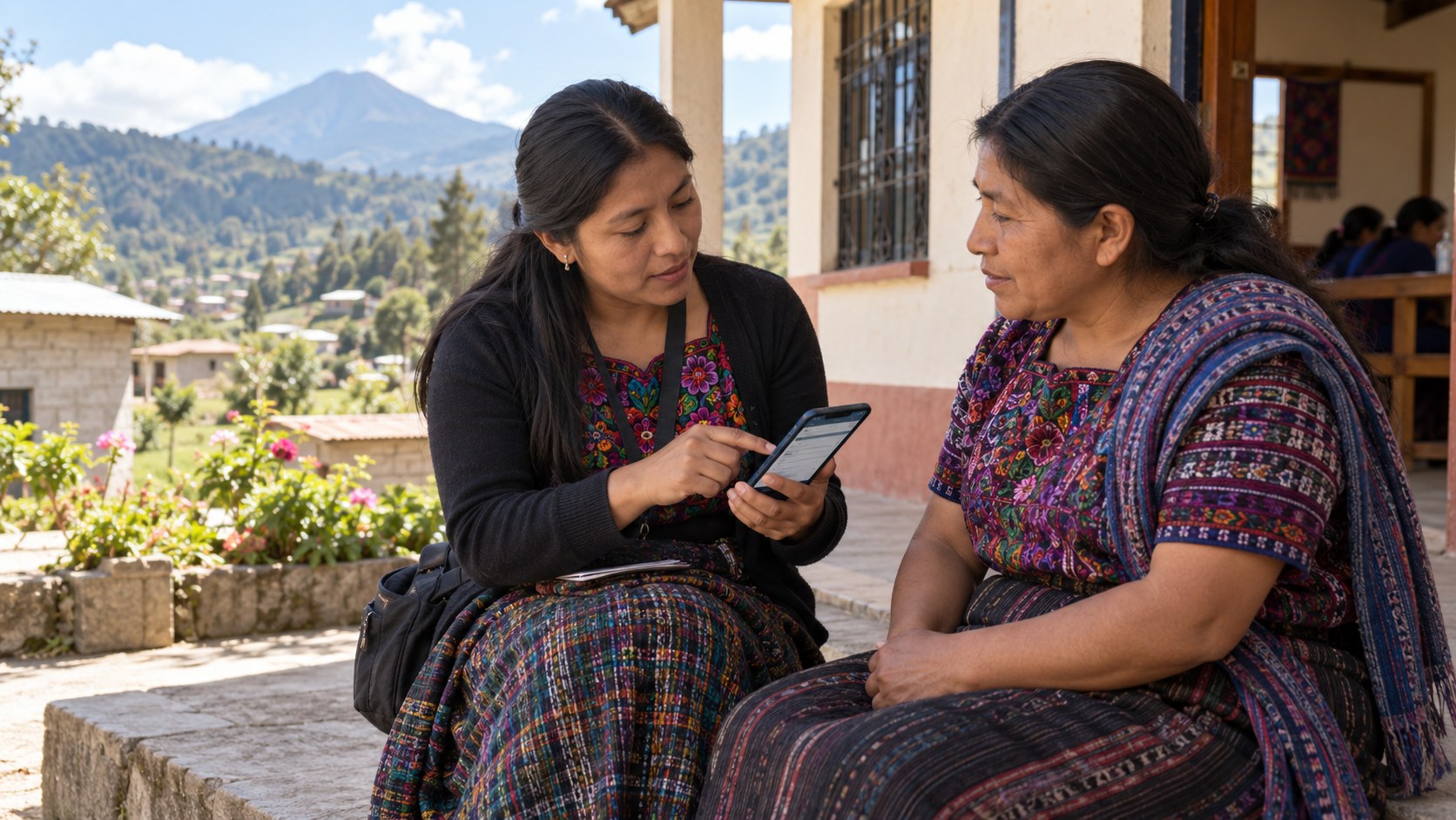 Una entrevistadora registra respuestas en un teléfono durante una visita comunitaria en el área rural de Guatemala